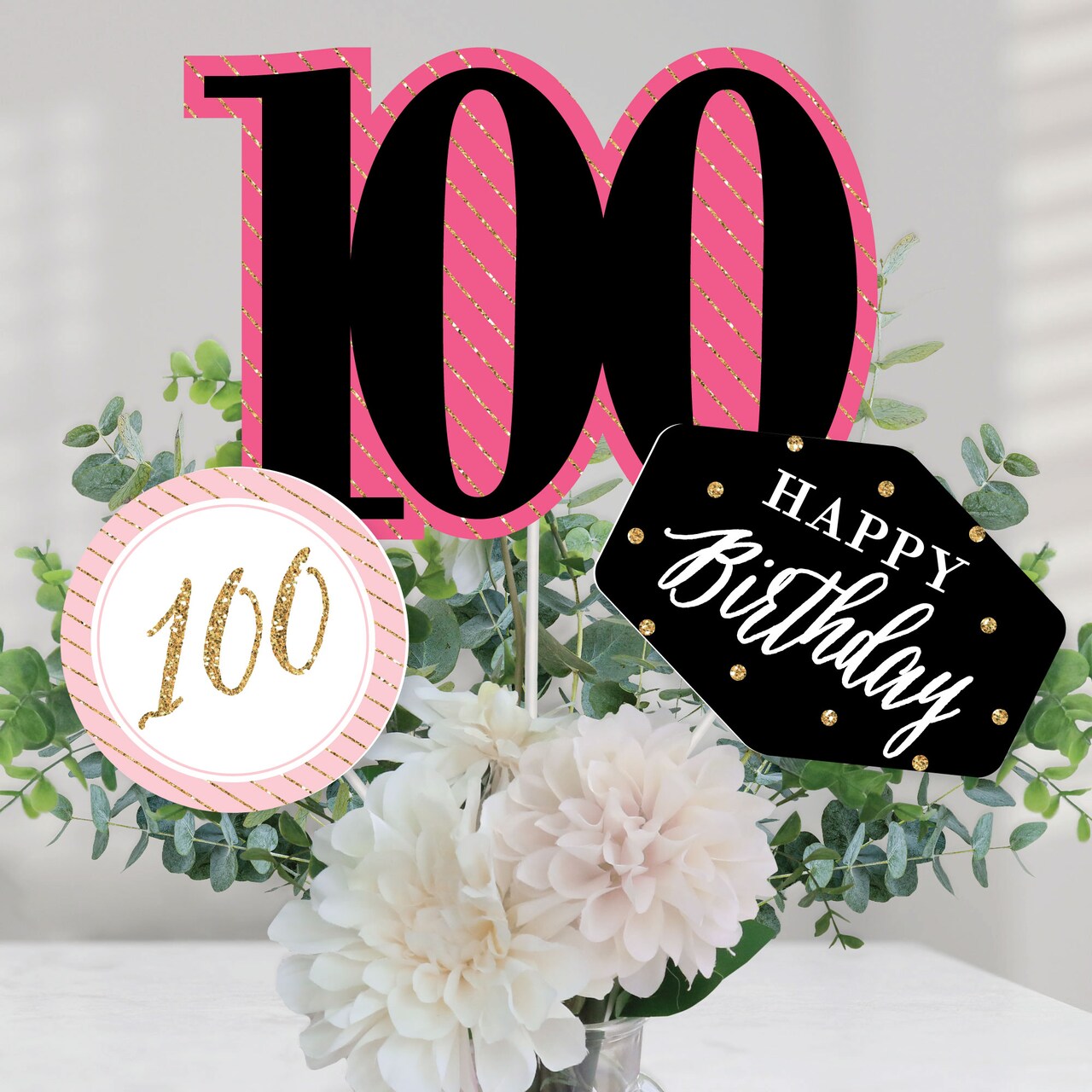 Big Dot of Happiness Chic 100th Birthday - Pink, Black and Gold - Birthday Party Centerpiece Sticks - Table Toppers - Set of 15